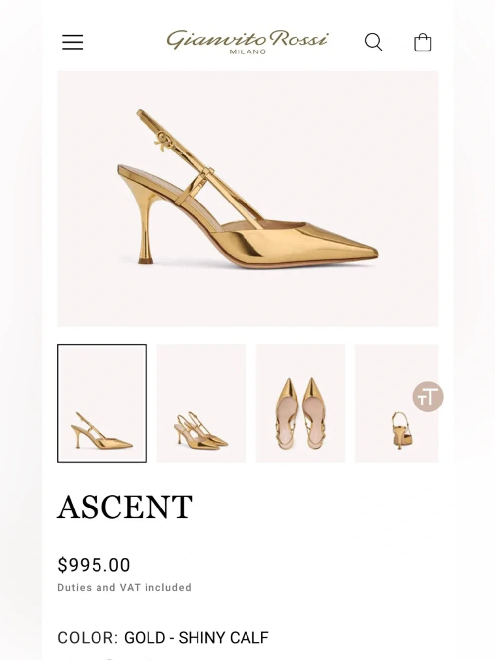 Gianvito Rossi Ascent Metallic Gold Pointed Slingback Heels, 38 (7.5), EUC